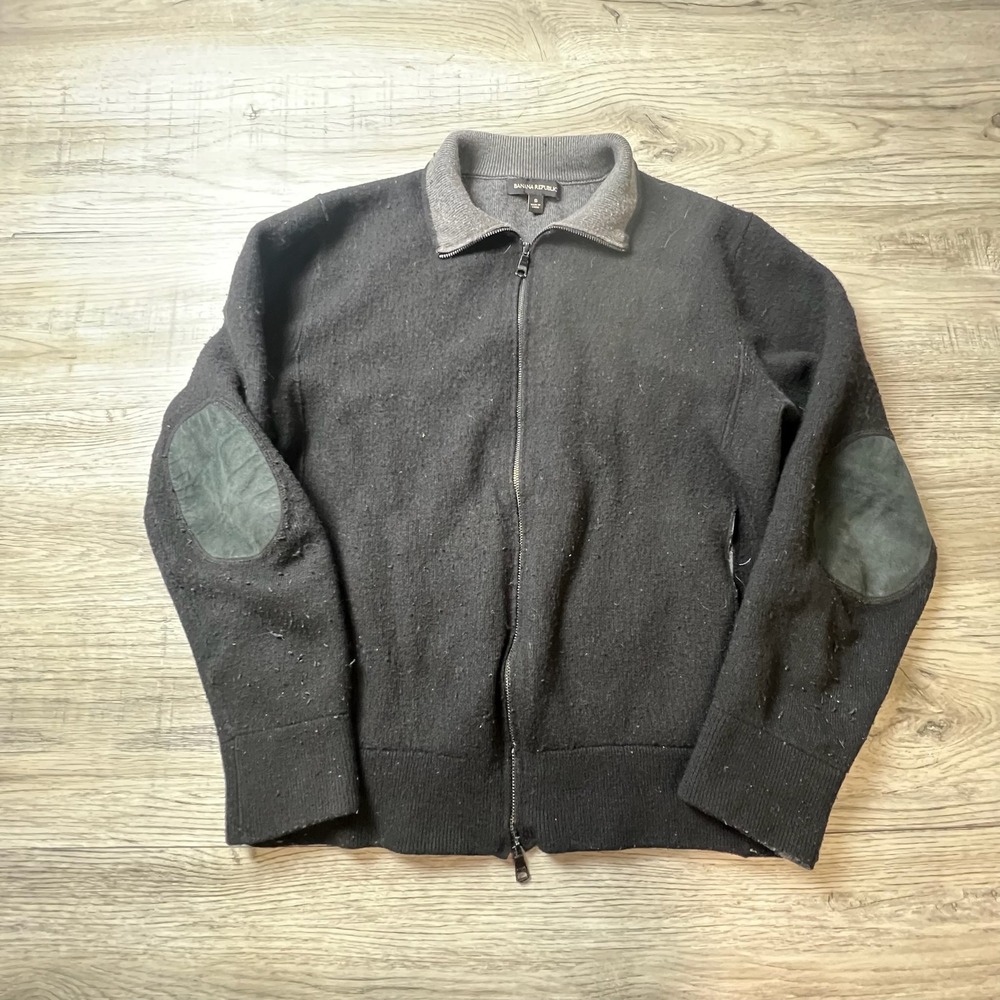 Banana Republic Sweater Jacket Mens Small Black Merino Wool Elbow Patch AE51